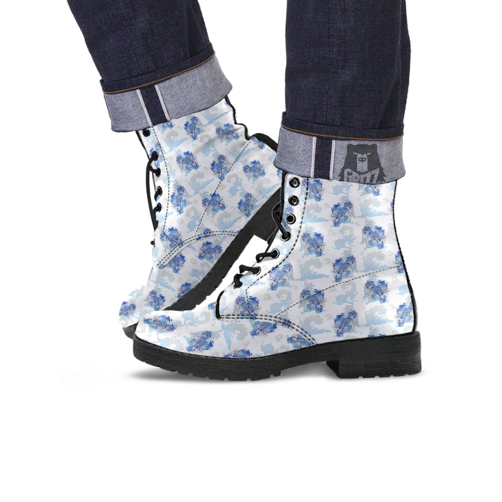 White Tiger Tattoo Japanese Print Pattern Leather Boots-grizzshop