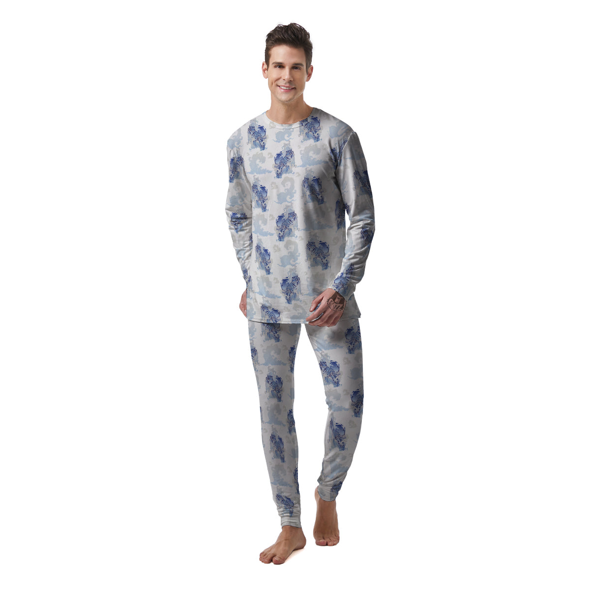 White Tiger Tattoo Japanese Print Pattern Men's Pajamas-grizzshop