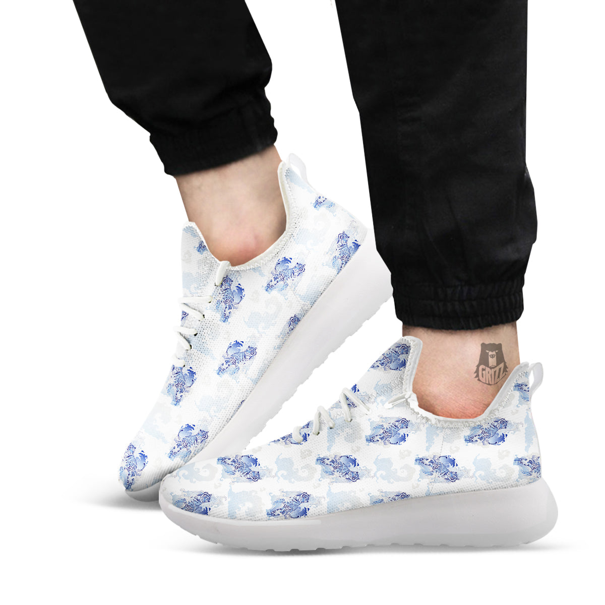 White Tiger Tattoo Japanese Print Pattern White Athletic Shoes-grizzshop