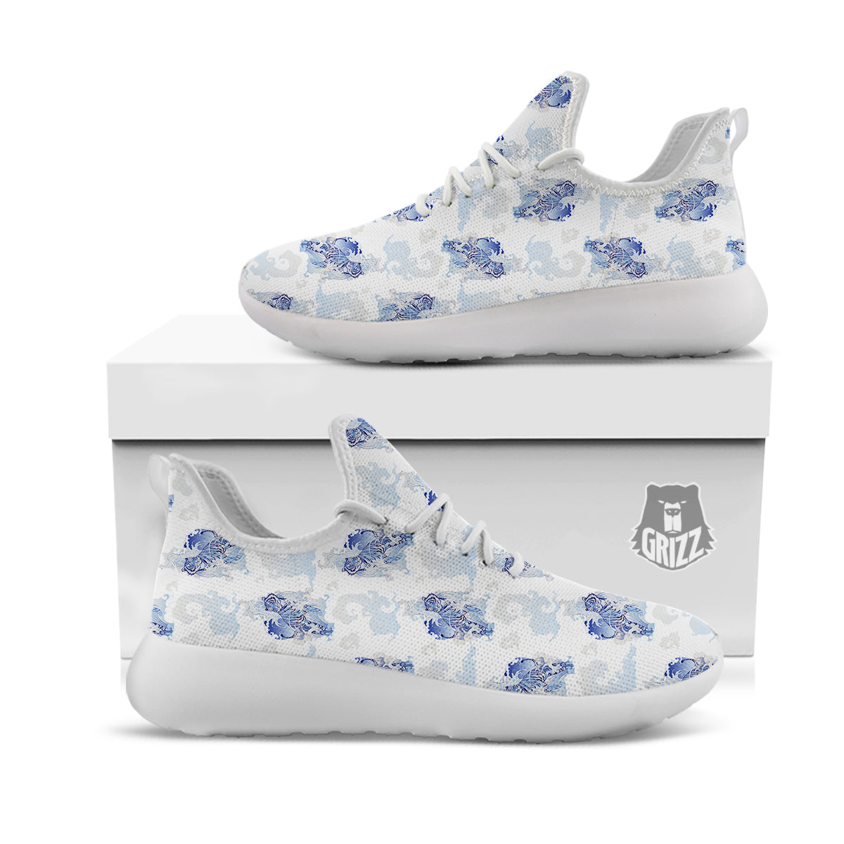 White Tiger Tattoo Japanese Print Pattern White Athletic Shoes-grizzshop