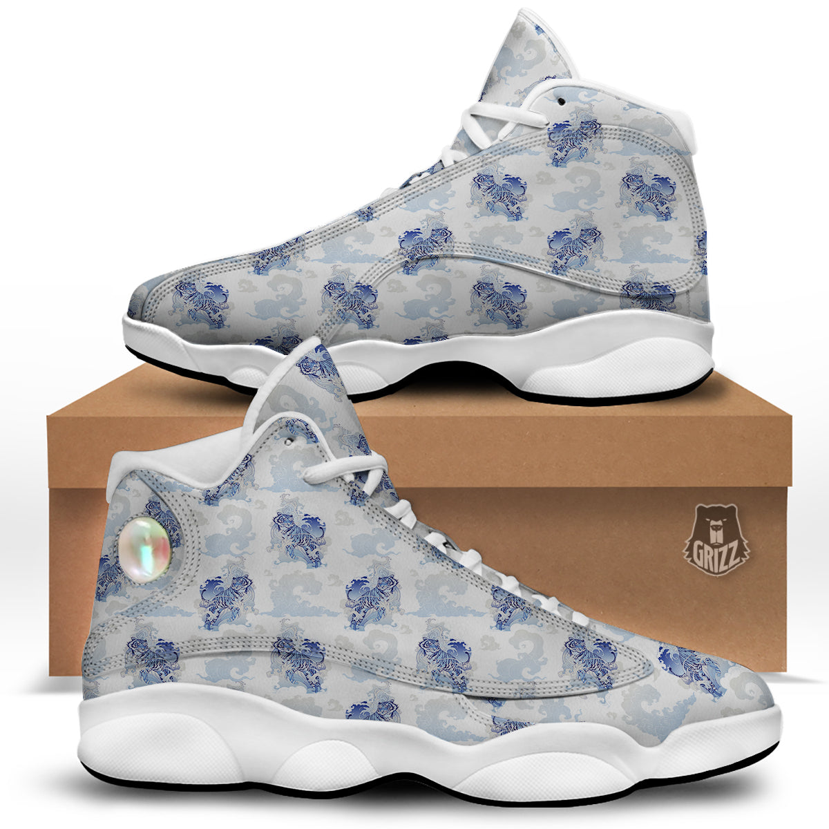 White Tiger Tattoo Japanese Print Pattern White Basketball Shoes-grizzshop