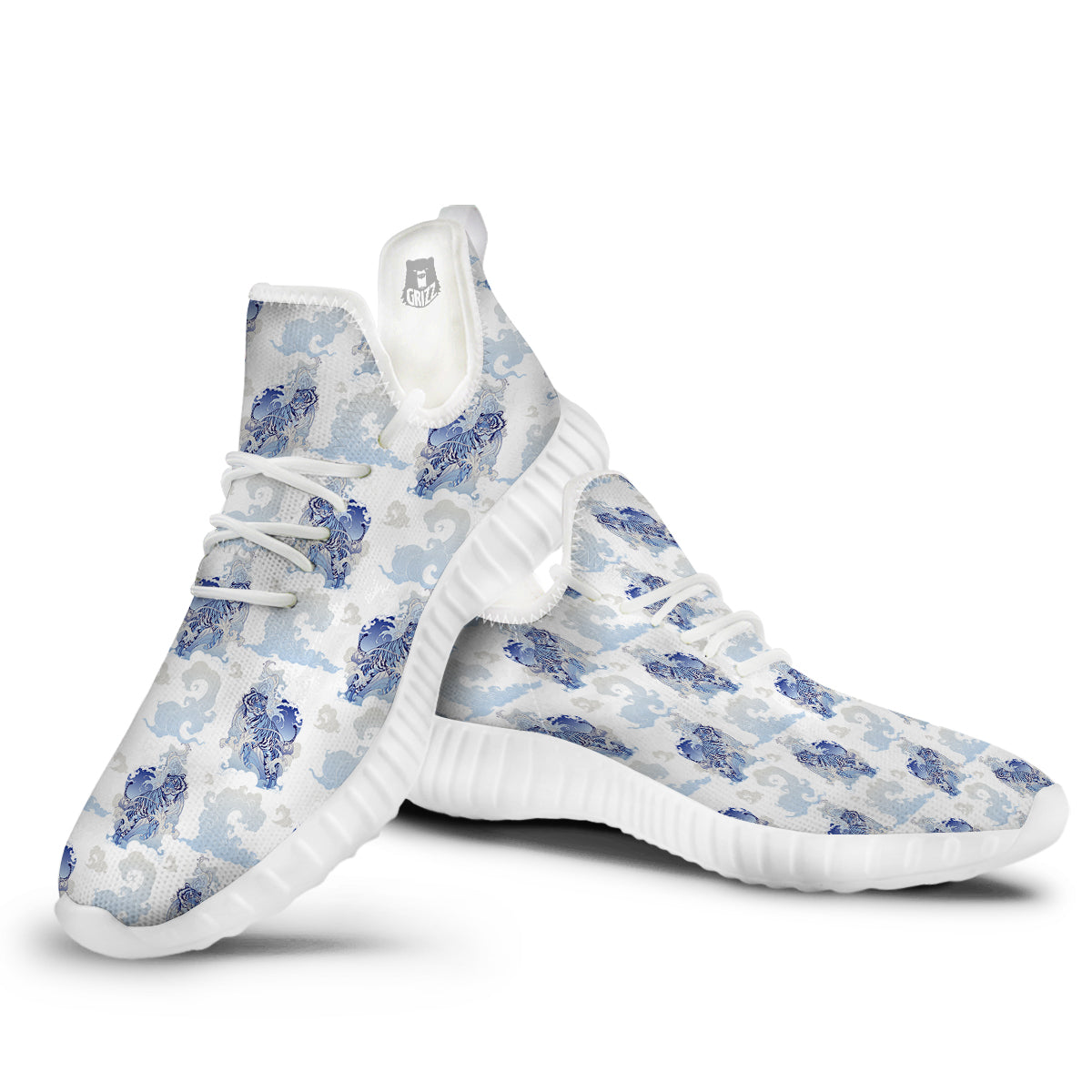 White Tiger Tattoo Japanese Print Pattern White Walking Shoes-grizzshop
