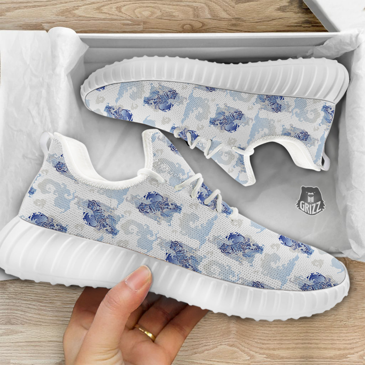 White Tiger Tattoo Japanese Print Pattern White Walking Shoes-grizzshop