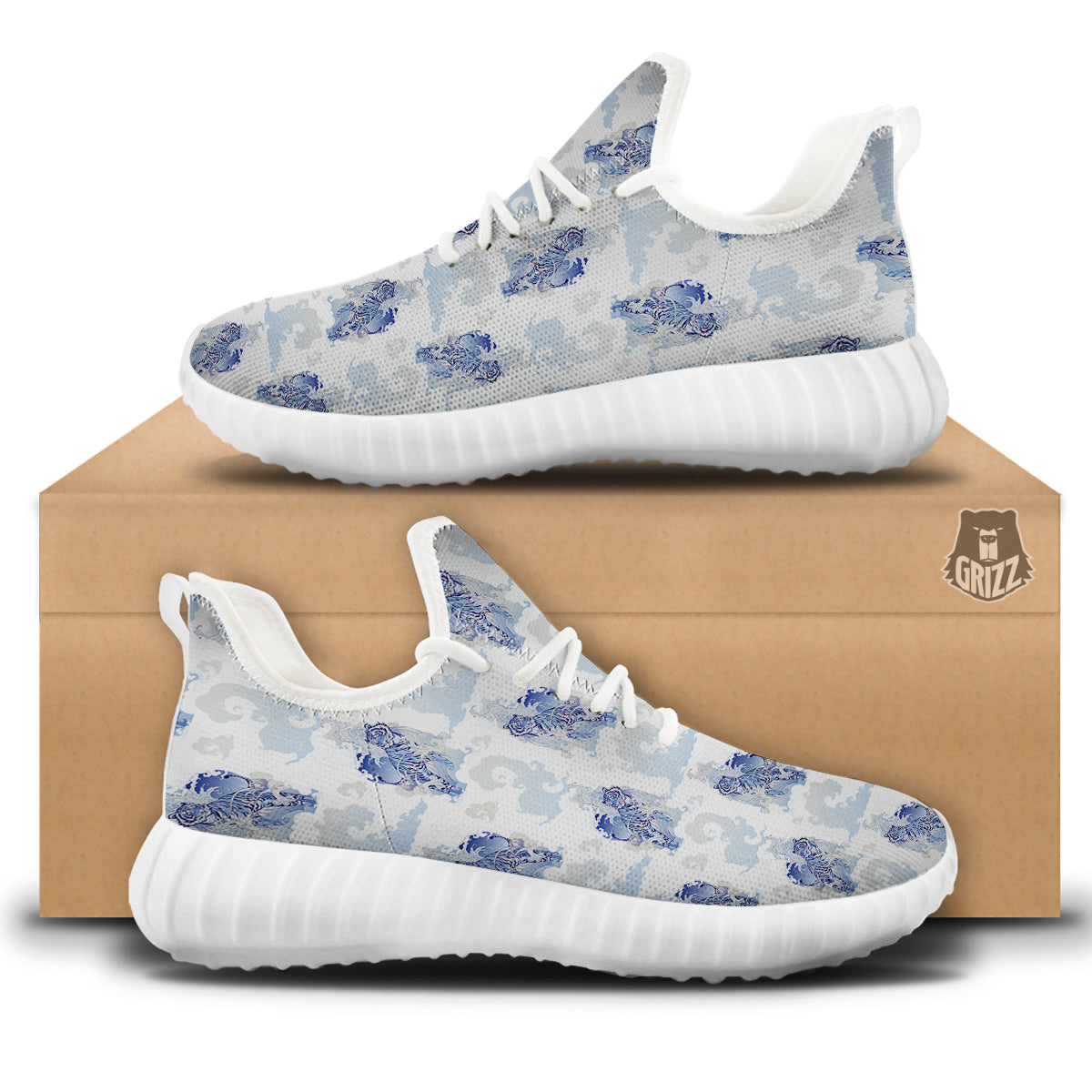 White Tiger Tattoo Japanese Print Pattern White Walking Shoes-grizzshop