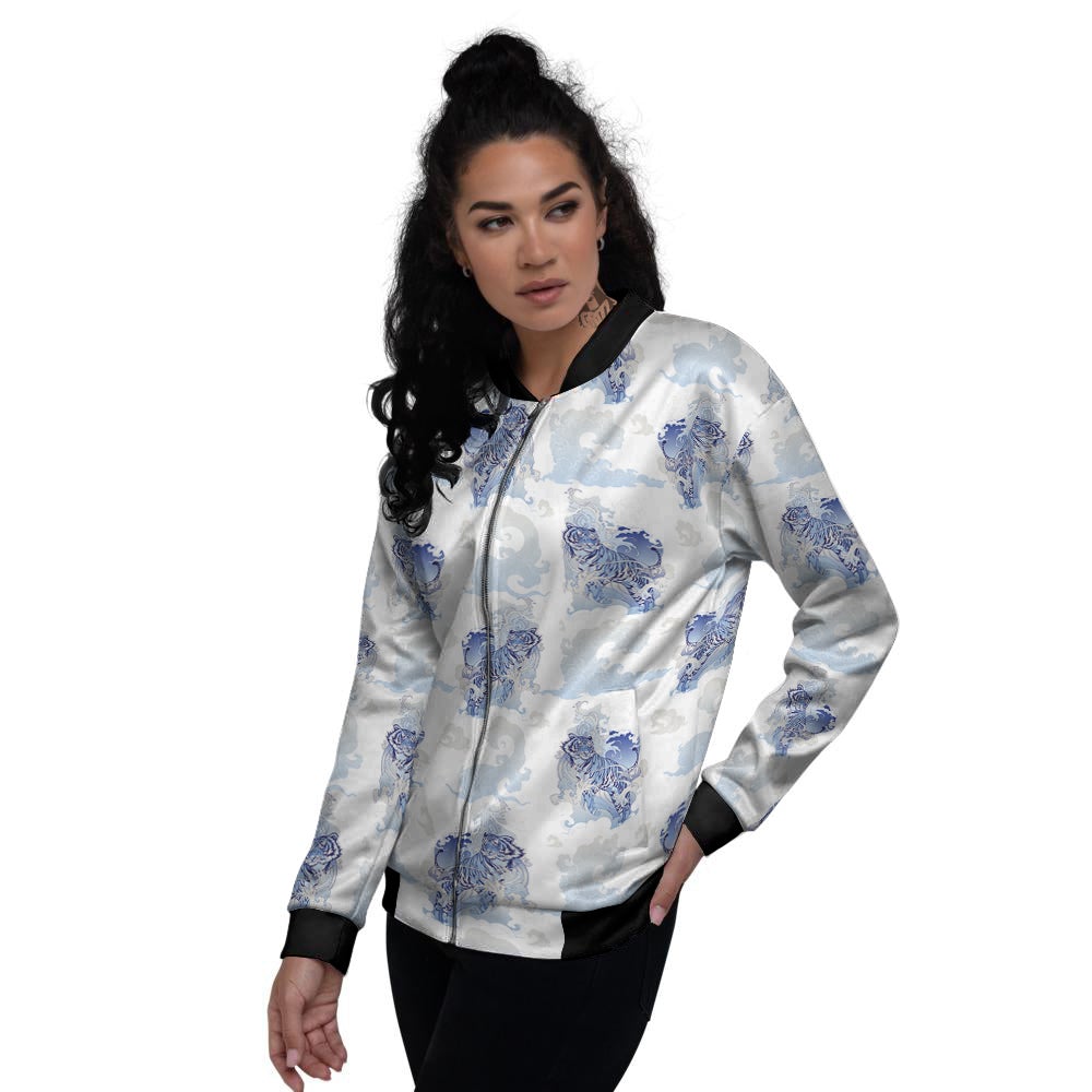 White Tiger Tattoo Japanese Print Pattern Women's Bomber Jacket-grizzshop