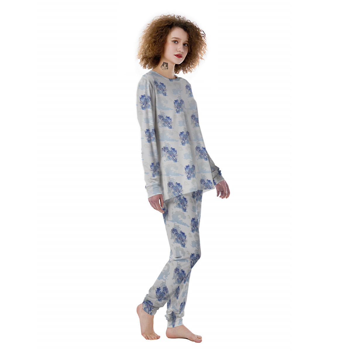White Tiger Tattoo Japanese Print Pattern Women's Pajamas-grizzshop