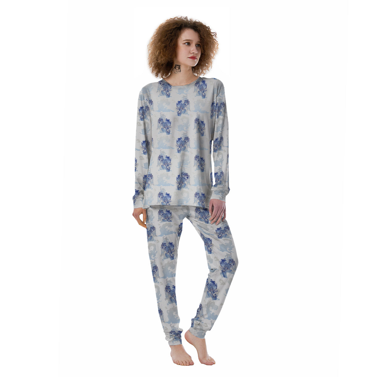White Tiger Tattoo Japanese Print Pattern Women's Pajamas-grizzshop
