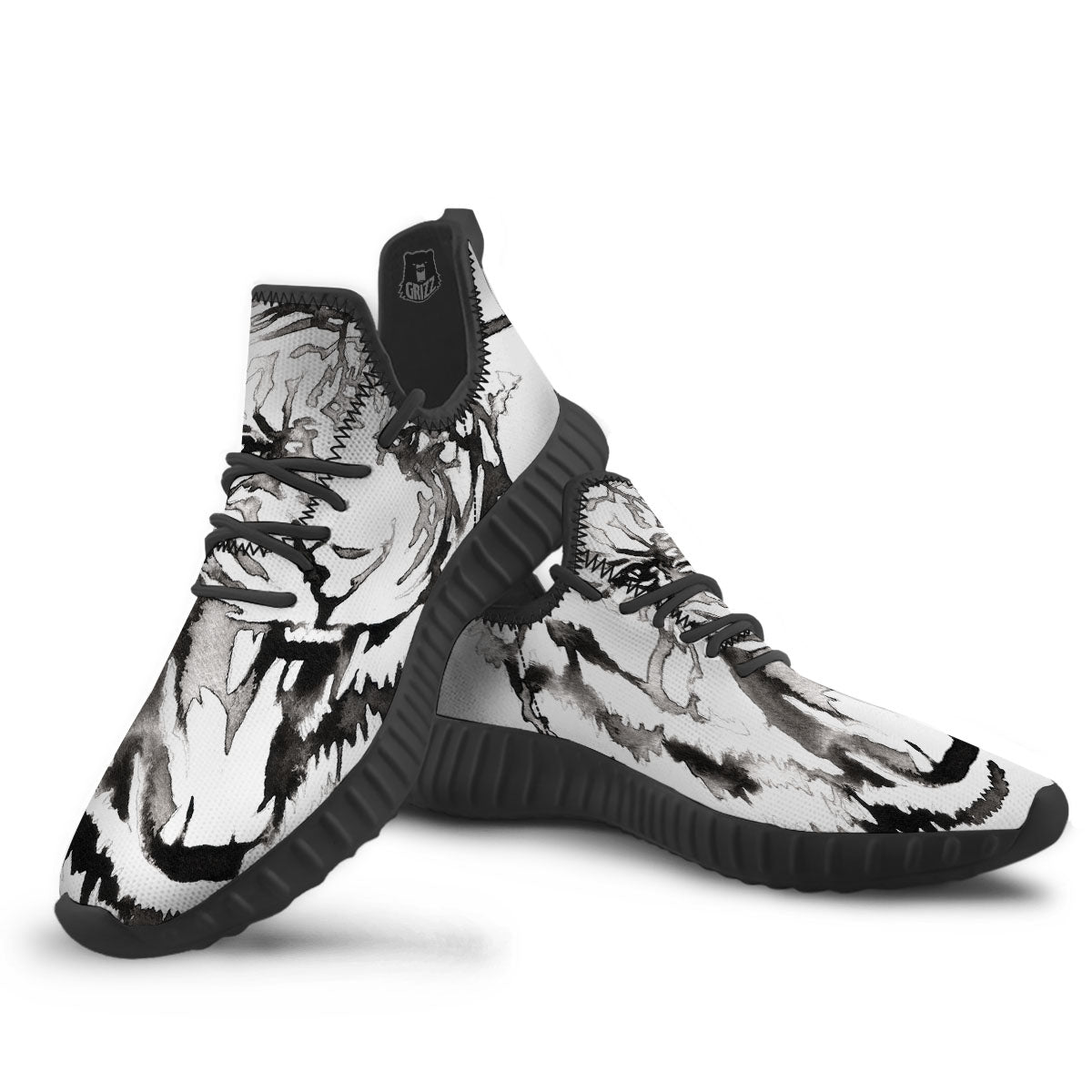White Tiger Watercolor Monochrome Print Black Walking Shoes-grizzshop