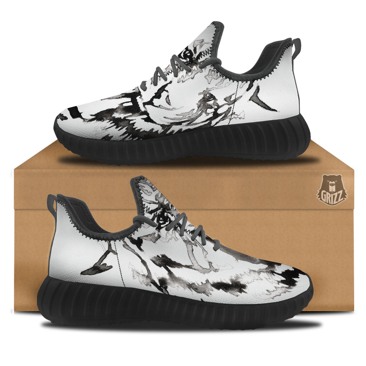 White Tiger Watercolor Monochrome Print Black Walking Shoes-grizzshop