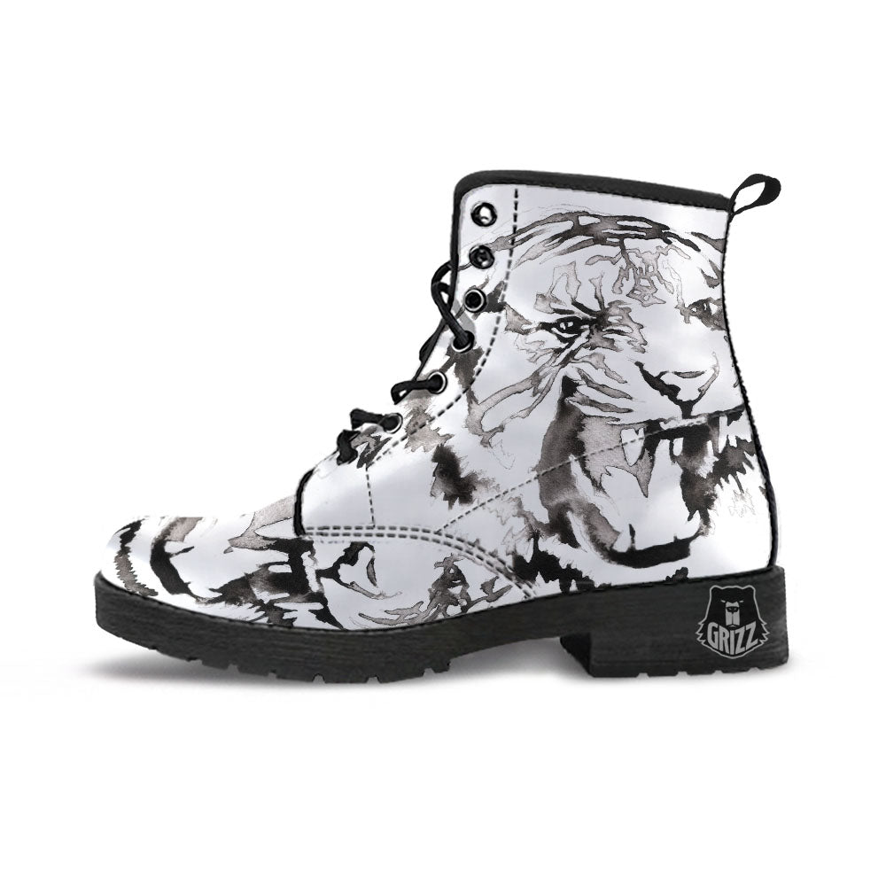 White Tiger Watercolor Monochrome Print Leather Boots-grizzshop