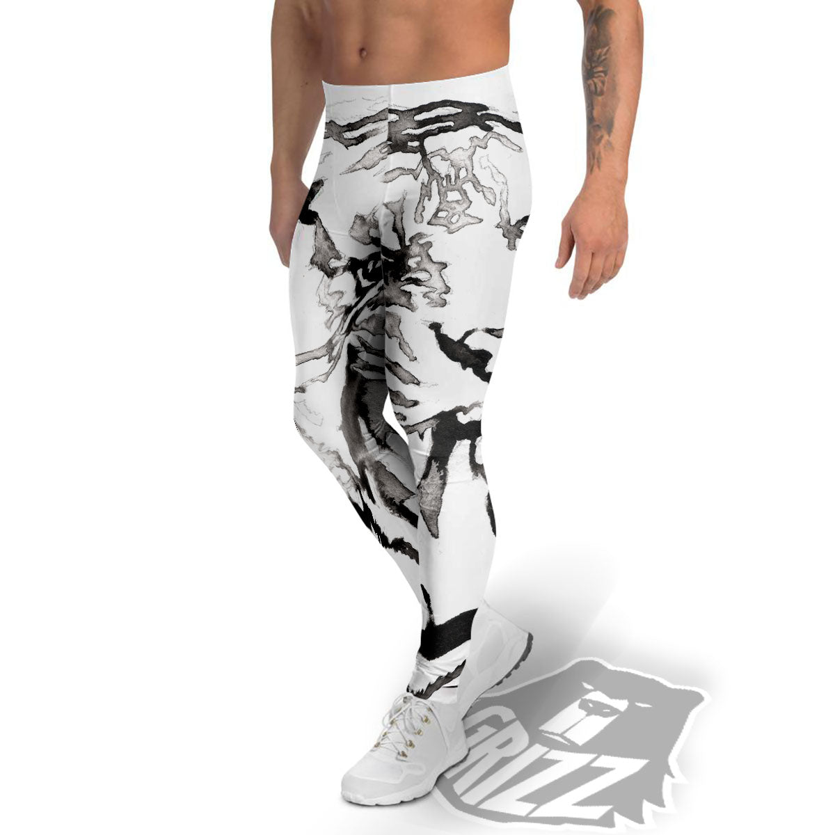 White Tiger Watercolor Monochrome Print Men's Leggings-grizzshop