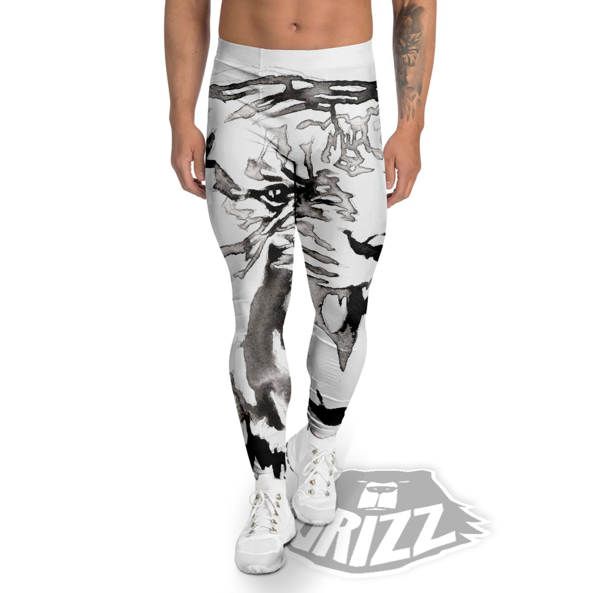 White Tiger Watercolor Monochrome Print Men's Leggings-grizzshop