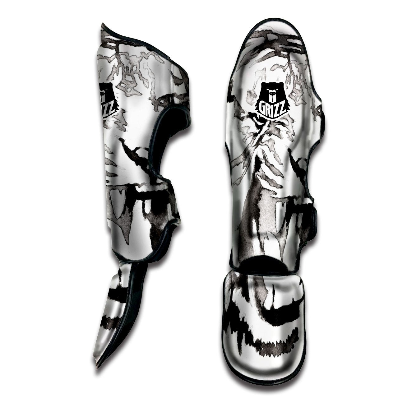 White Tiger Watercolor Monochrome Print Muay Thai Shin Guards-grizzshop
