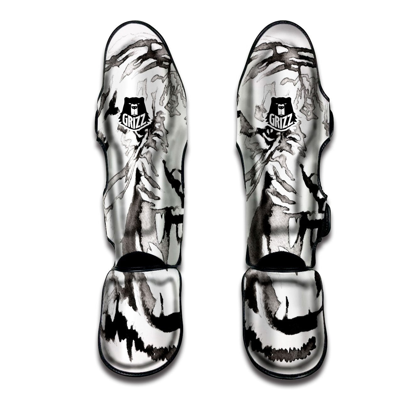 White Tiger Watercolor Monochrome Print Muay Thai Shin Guards-grizzshop