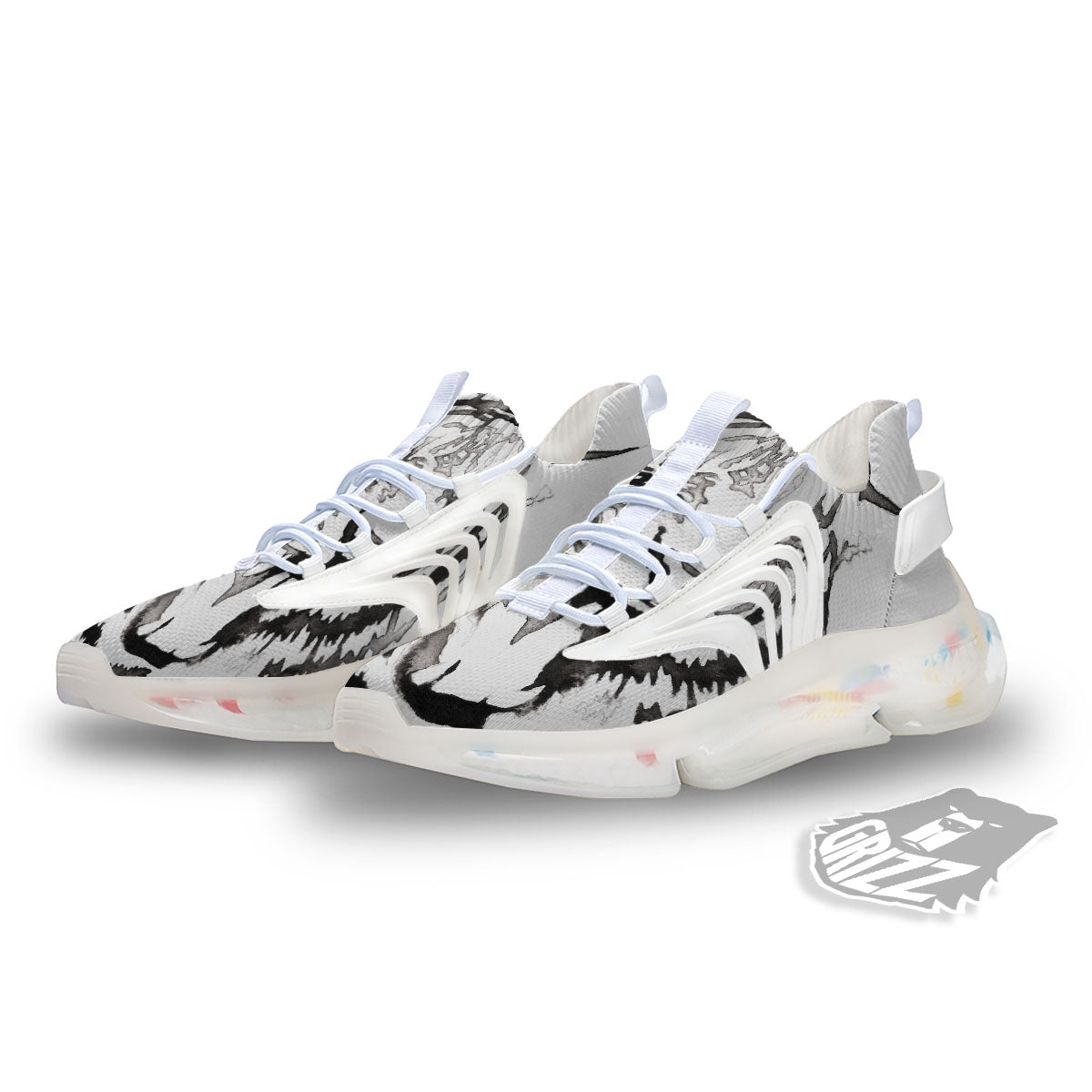 White Tiger Watercolor Monochrome Print White Gym Shoes-grizzshop