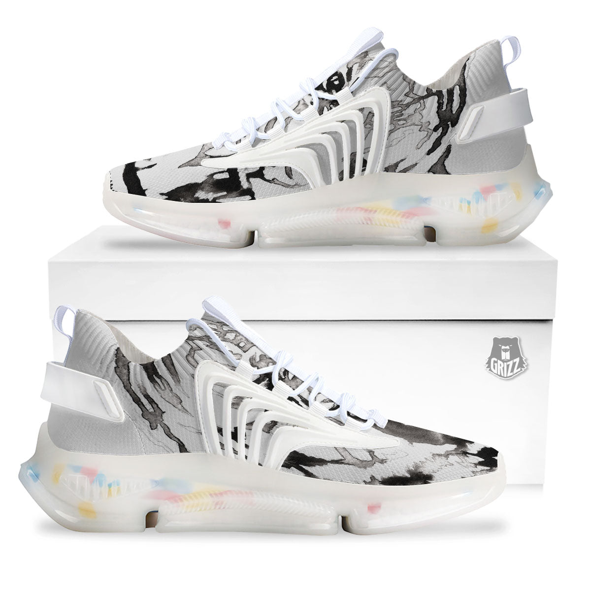 White Tiger Watercolor Monochrome Print White Gym Shoes-grizzshop