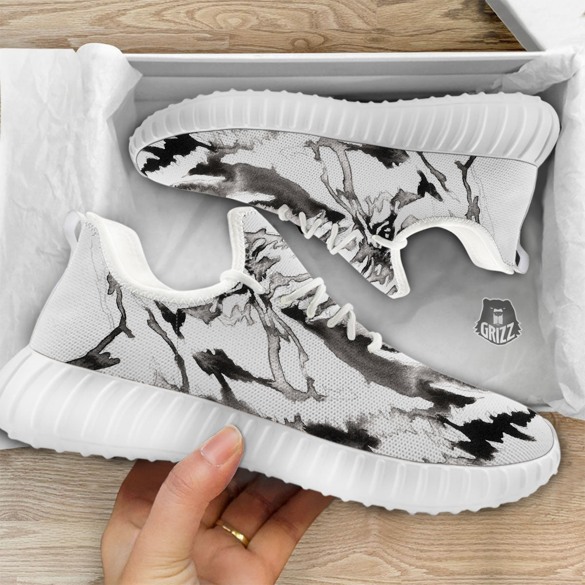 White Tiger Watercolor Monochrome Print White Walking Shoes-grizzshop