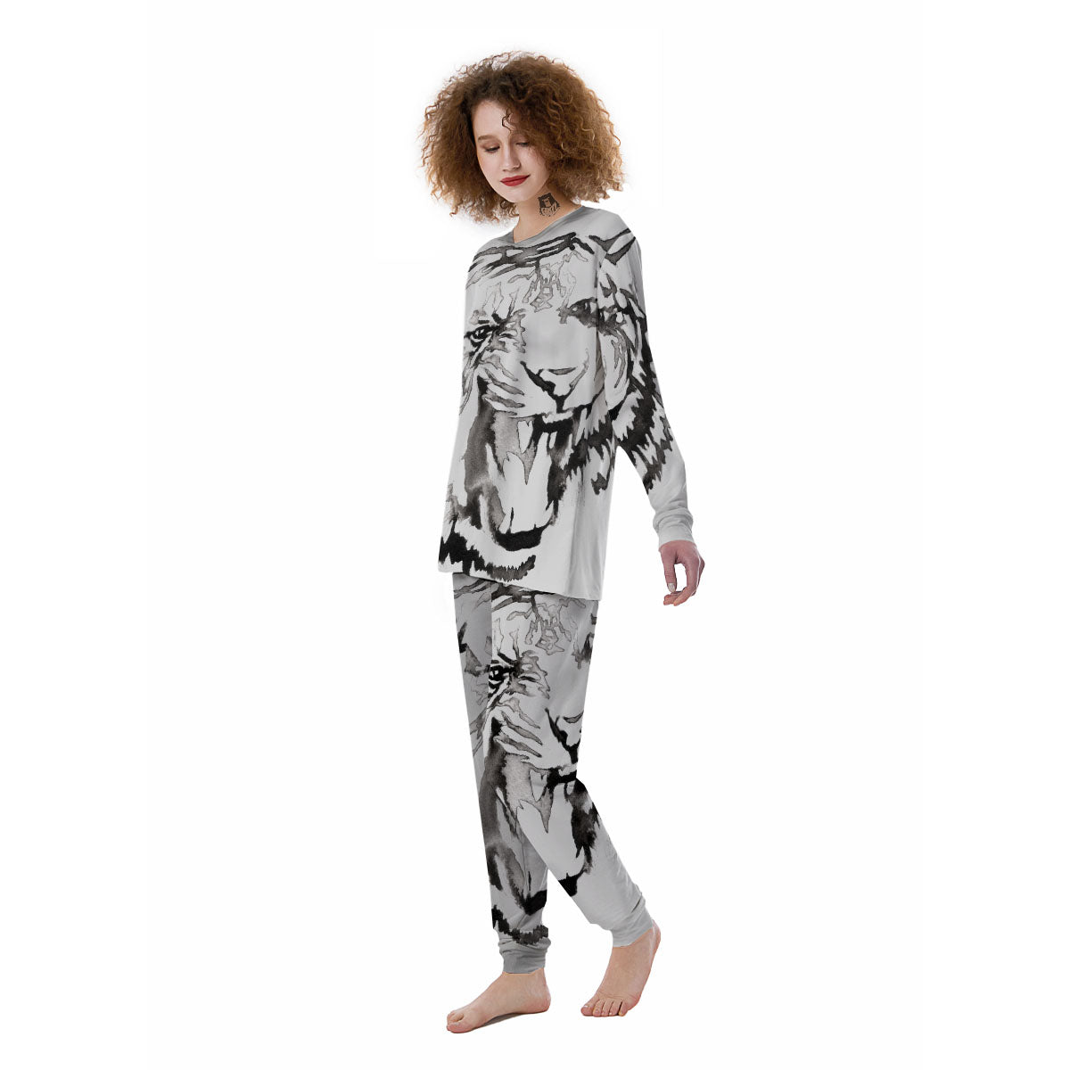 White Tiger Watercolor Monochrome Print Women's Pajamas-grizzshop