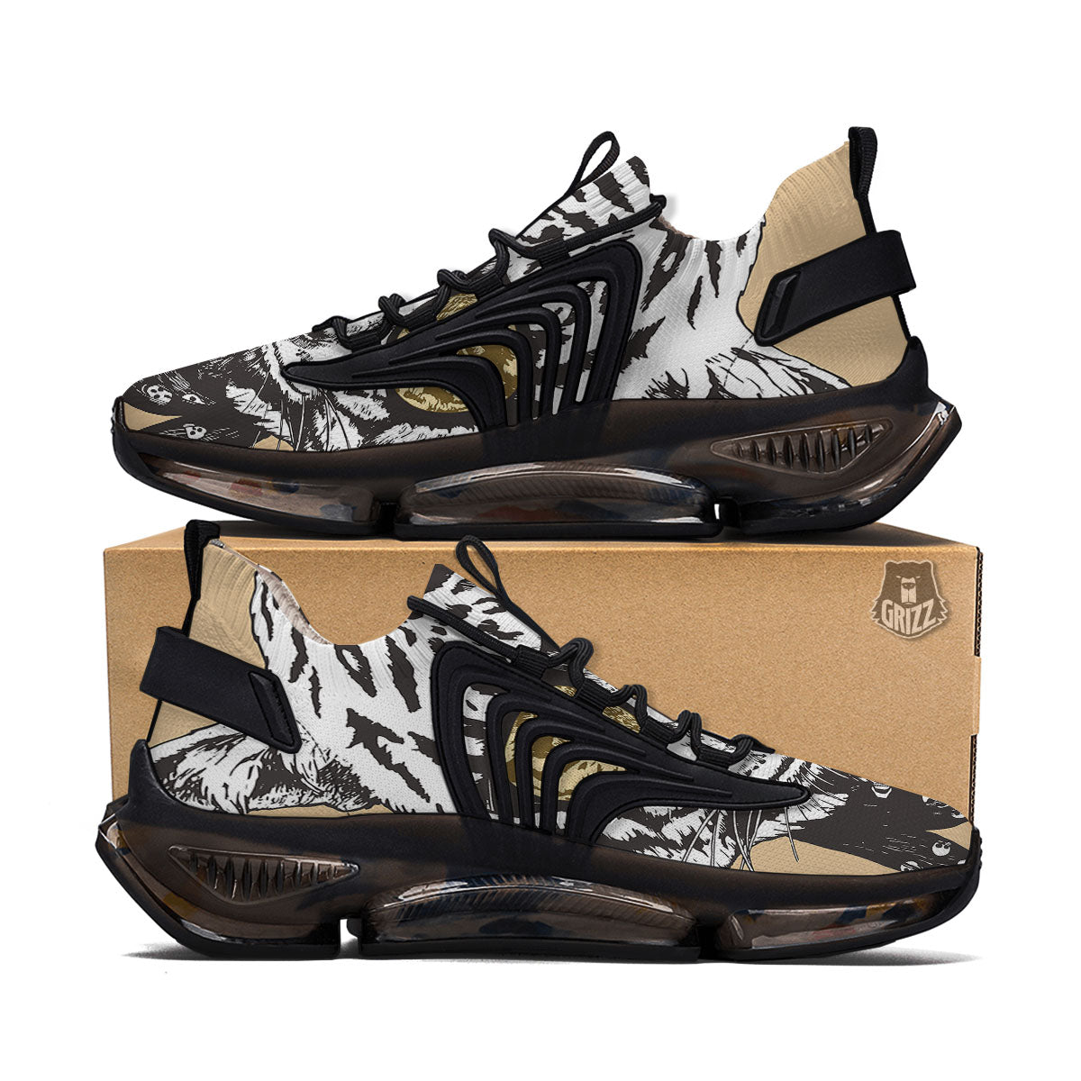 White Tiger With Sunglasses Print Pattern Black Gym Shoes-grizzshop