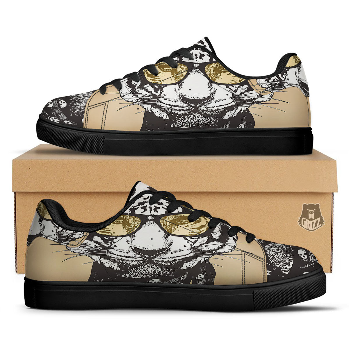 White Tiger With Sunglasses Print Pattern Black Low Top Sneakers-grizzshop