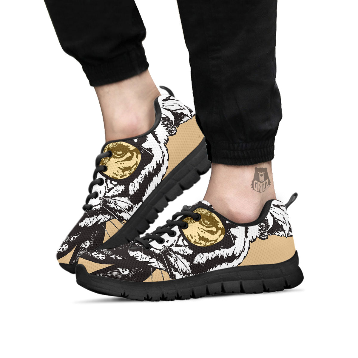 White Tiger With Sunglasses Print Pattern Black Sneaker-grizzshop