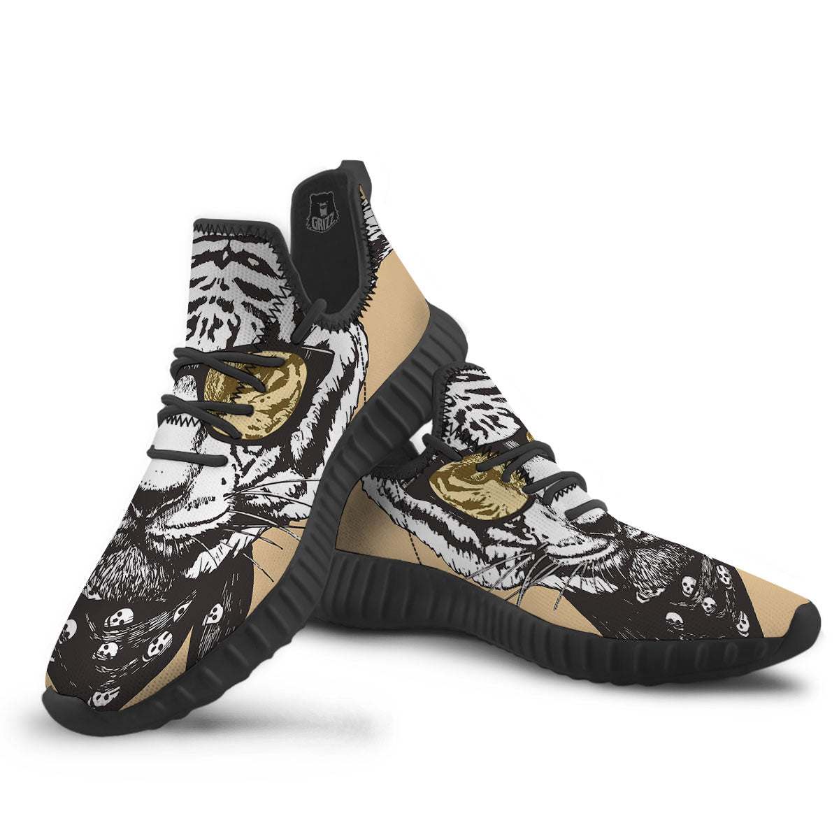 White Tiger With Sunglasses Print Pattern Black Walking Shoes-grizzshop