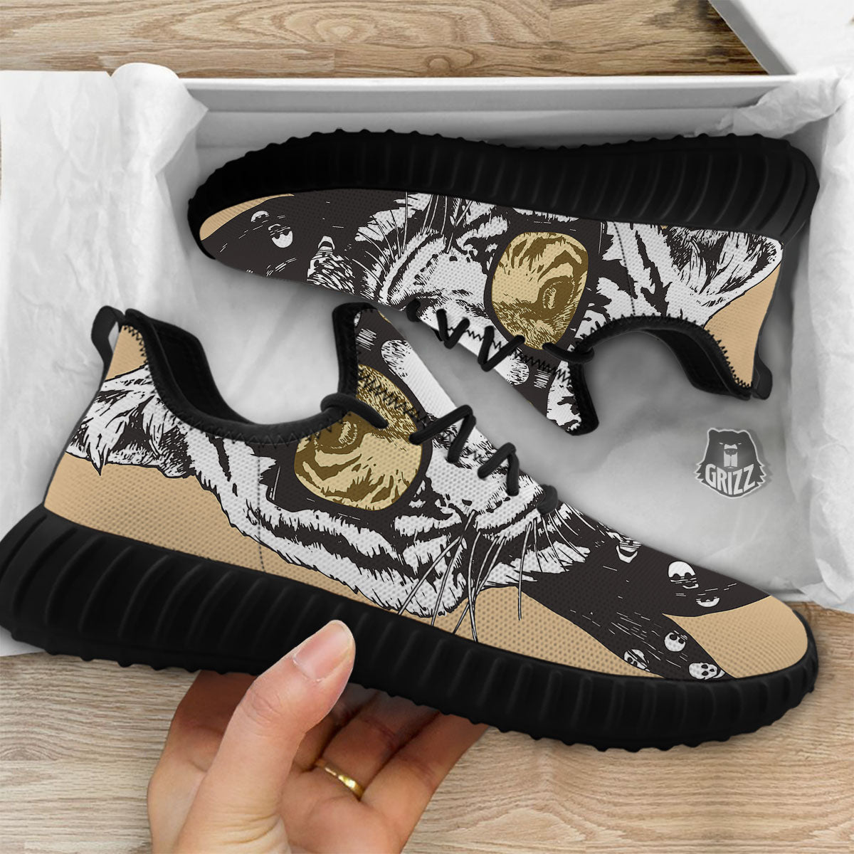 White Tiger With Sunglasses Print Pattern Black Walking Shoes-grizzshop
