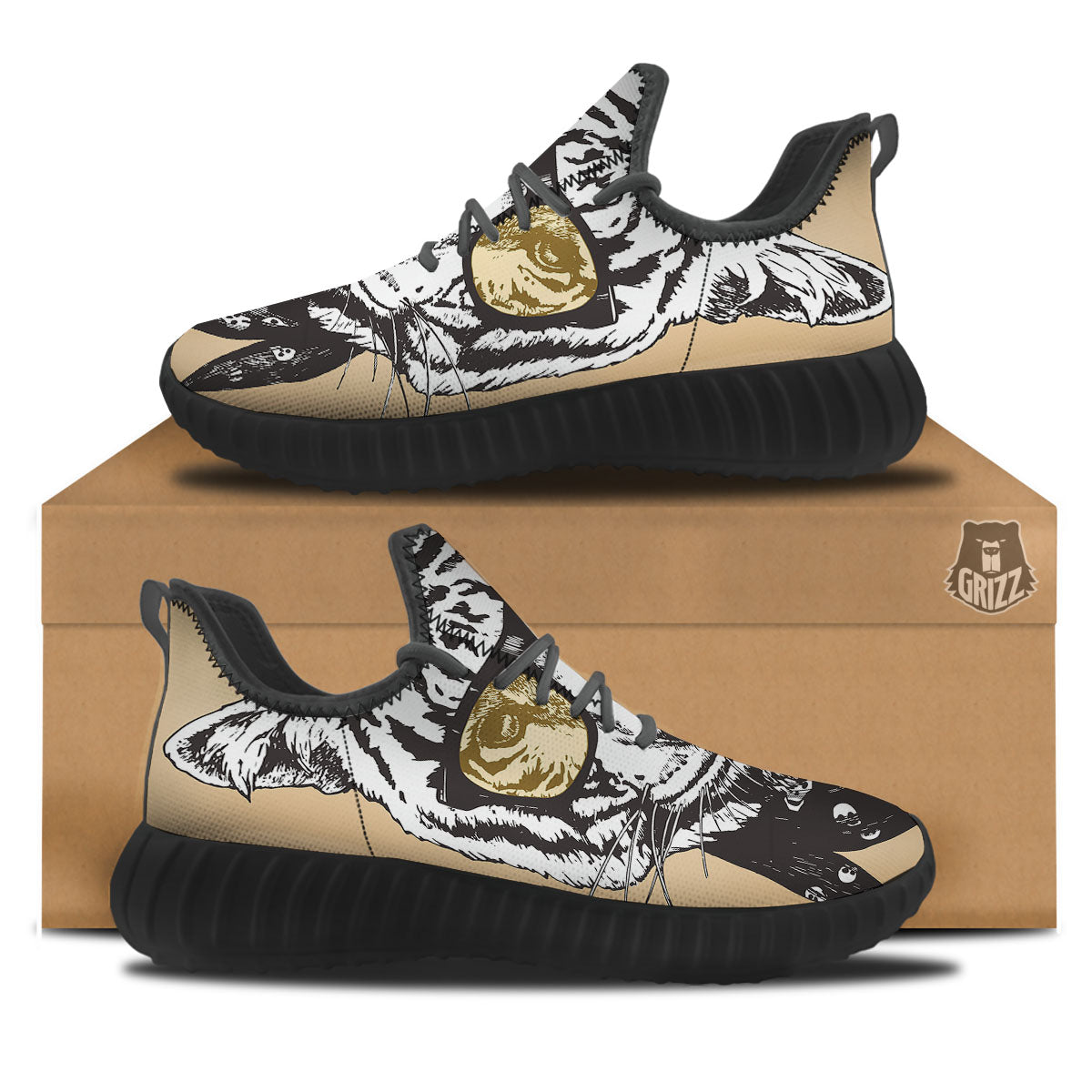 White Tiger With Sunglasses Print Pattern Black Walking Shoes-grizzshop