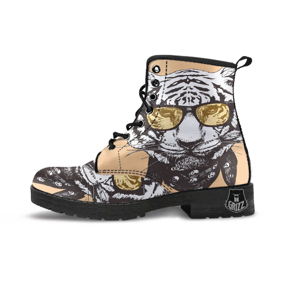 White Tiger With Sunglasses Print Pattern Leather Boots-grizzshop