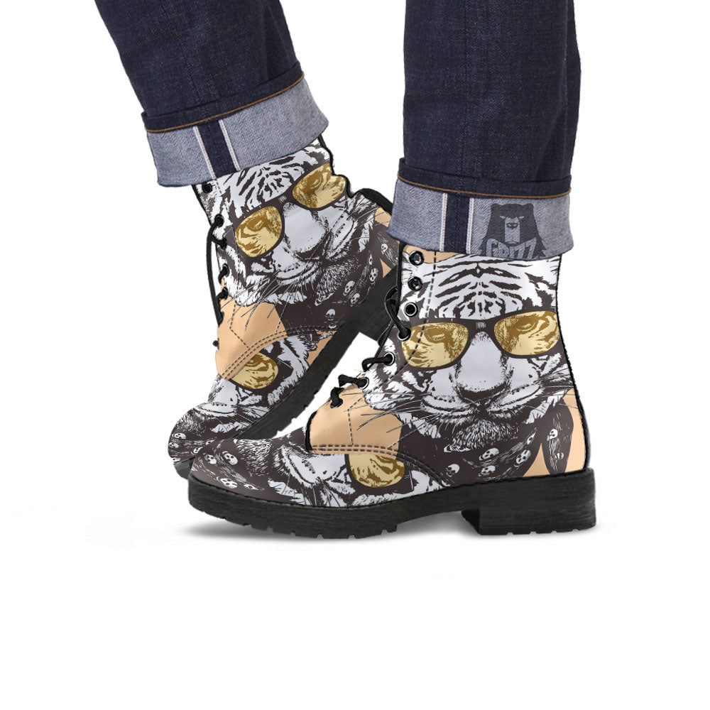 White Tiger With Sunglasses Print Pattern Leather Boots-grizzshop
