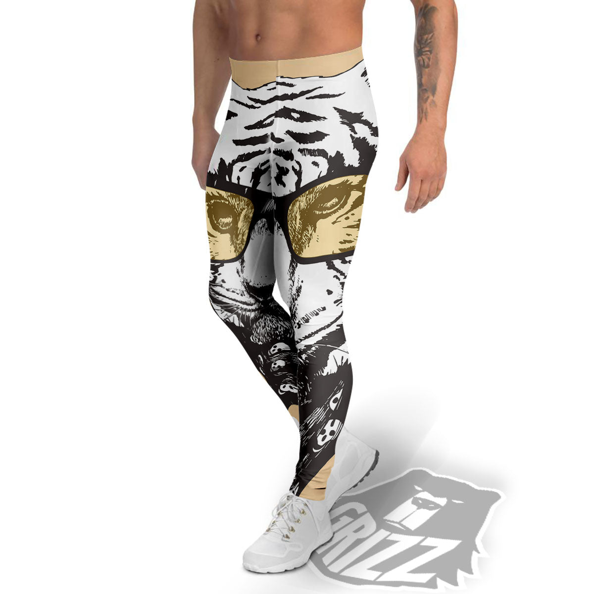 White Tiger With Sunglasses Print Pattern Men's Leggings-grizzshop