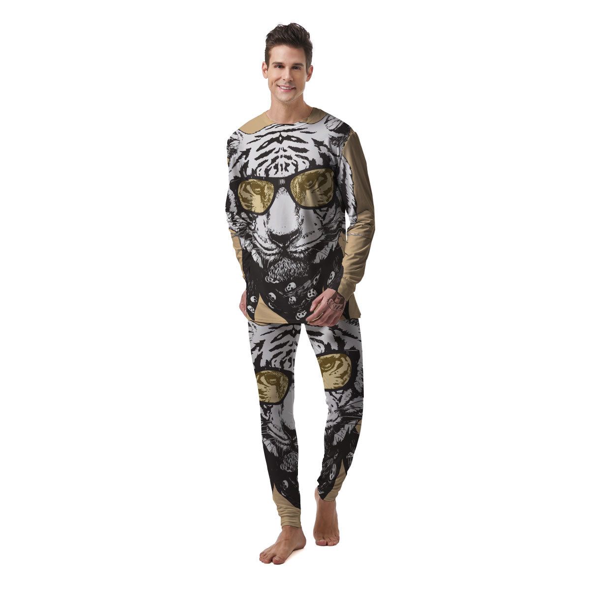 White Tiger With Sunglasses Print Pattern Men's Pajamas-grizzshop