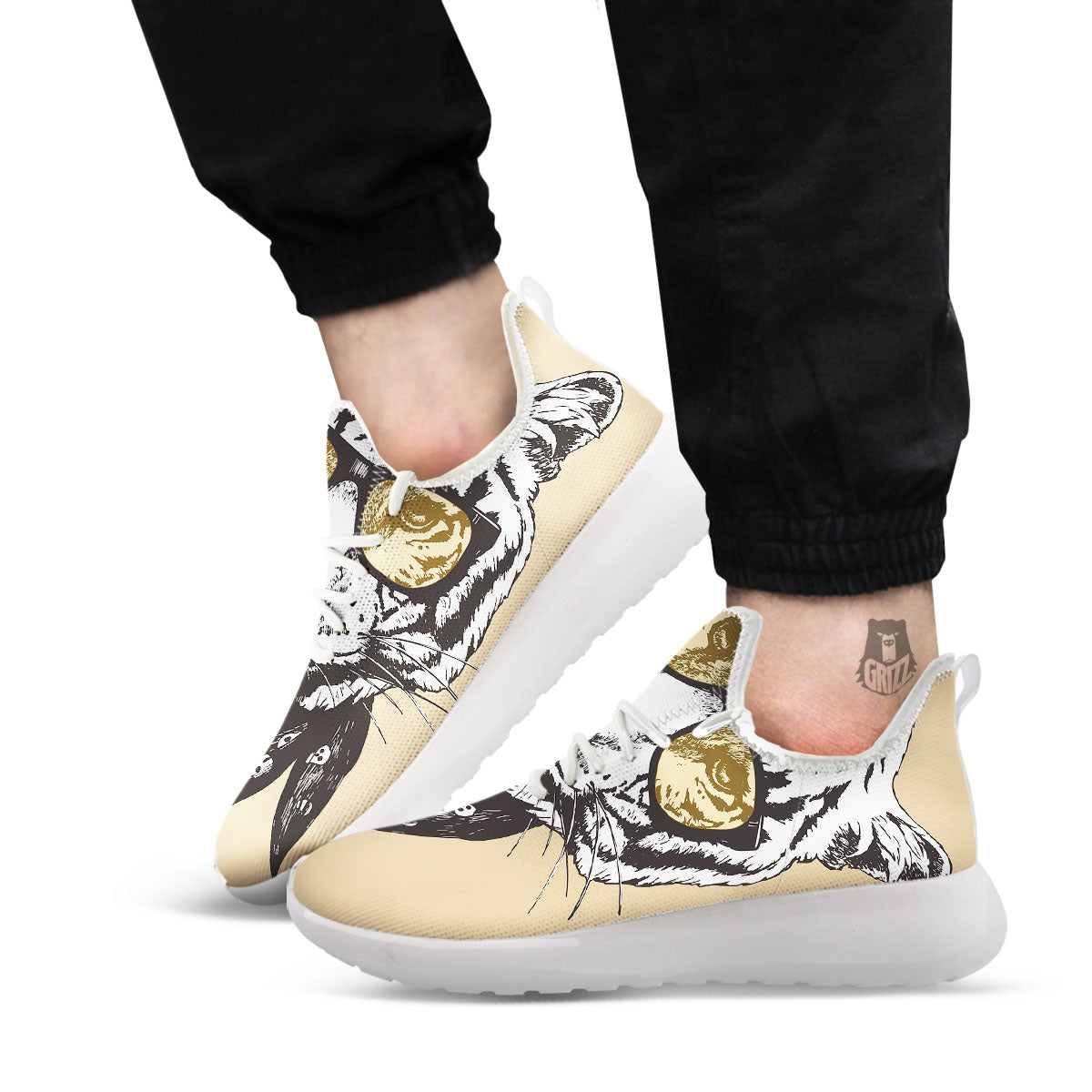 White Tiger With Sunglasses Print Pattern White Athletic Shoes-grizzshop