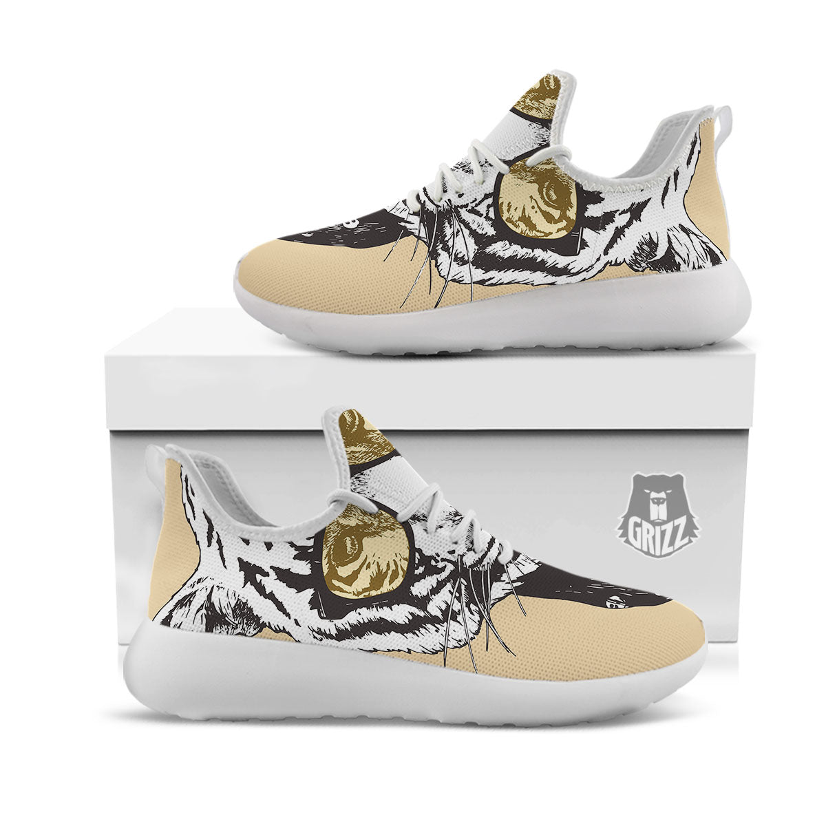 White Tiger With Sunglasses Print Pattern White Athletic Shoes-grizzshop
