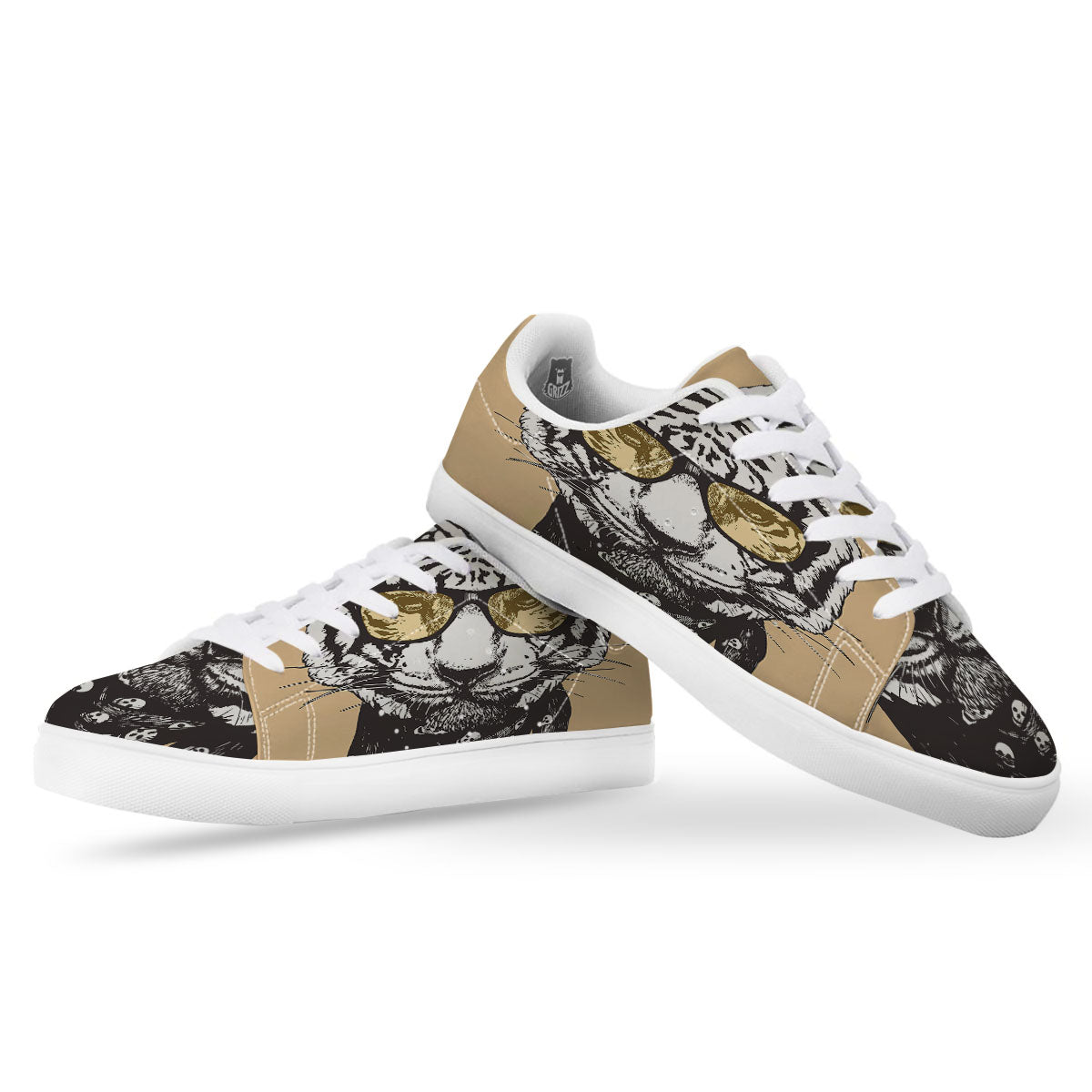 White Tiger With Sunglasses Print Pattern White Low Top Sneakers-grizzshop