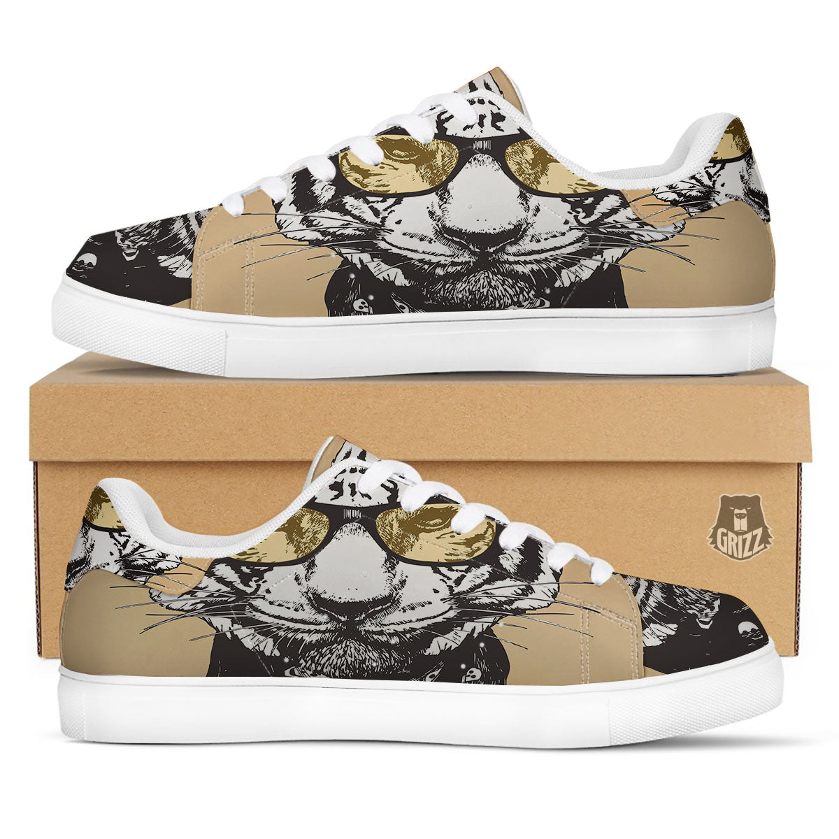 White Tiger With Sunglasses Print Pattern White Low Top Sneakers-grizzshop