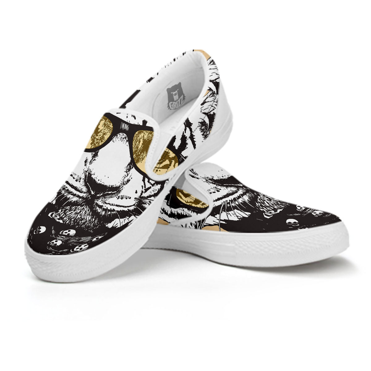 White Tiger With Sunglasses Print Pattern White Slip On Shoes-grizzshop