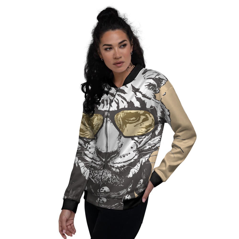 White Tiger With Sunglasses Print Pattern Women's Bomber Jacket-grizzshop