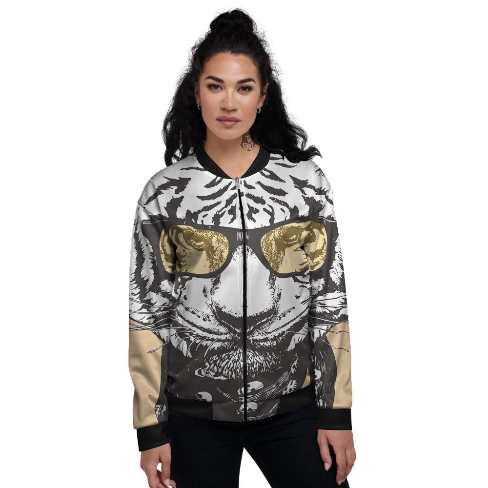 White Tiger With Sunglasses Print Pattern Women's Bomber Jacket-grizzshop