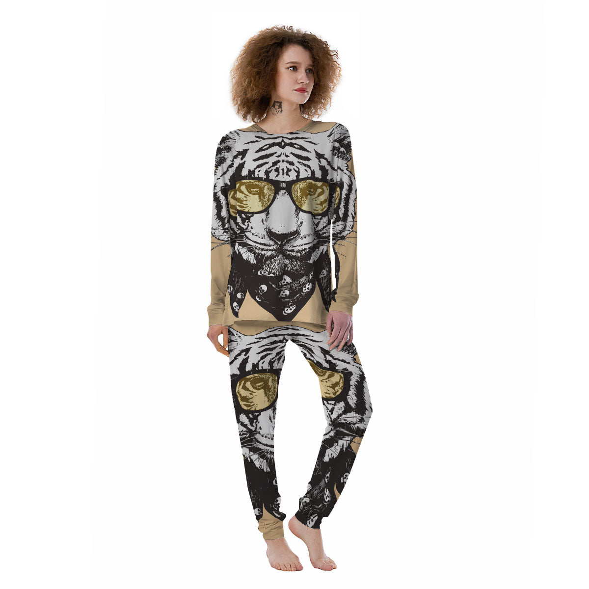 White Tiger With Sunglasses Print Pattern Women's Pajamas-grizzshop