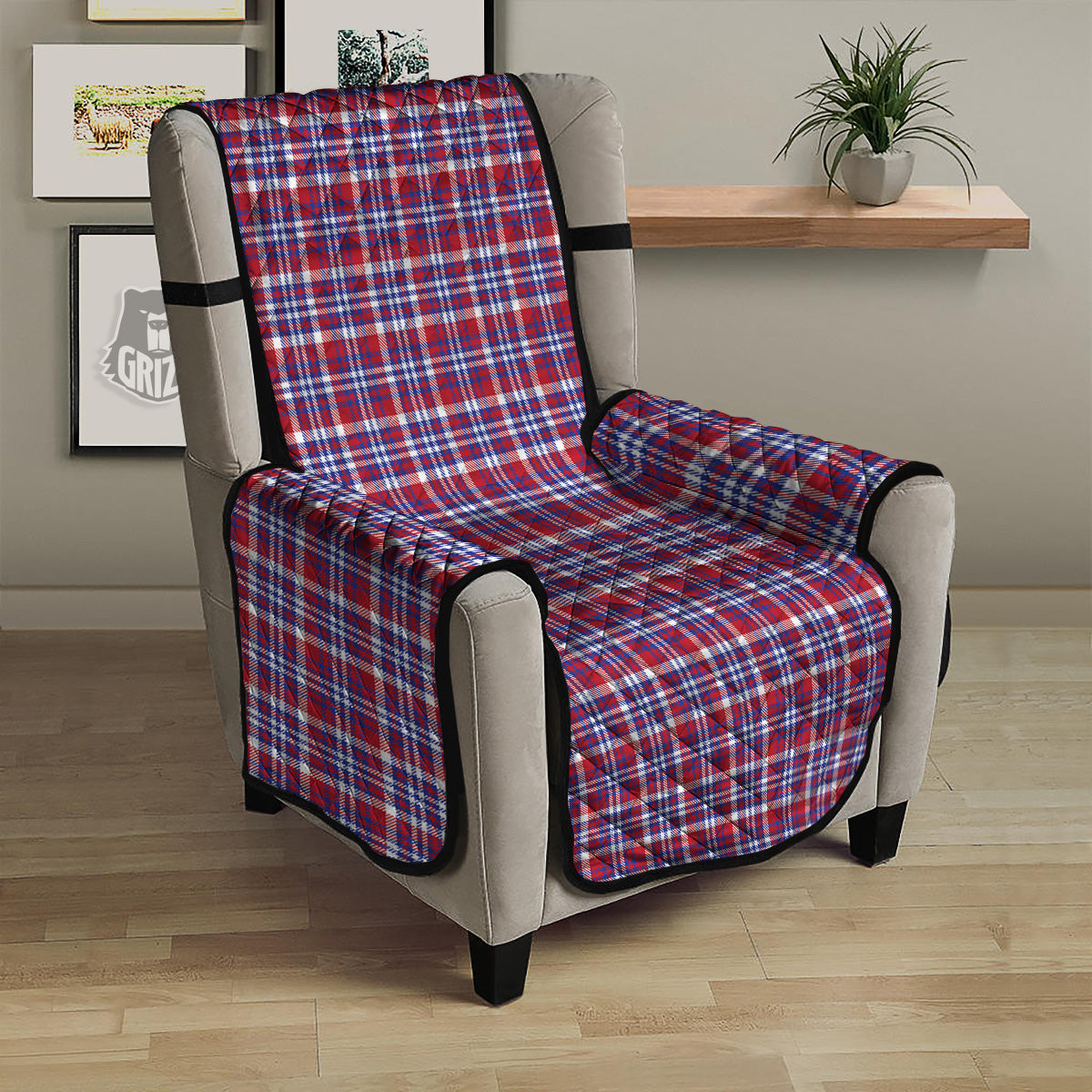 White USA Plaid And Blue Red Print Armchair Protector-grizzshop