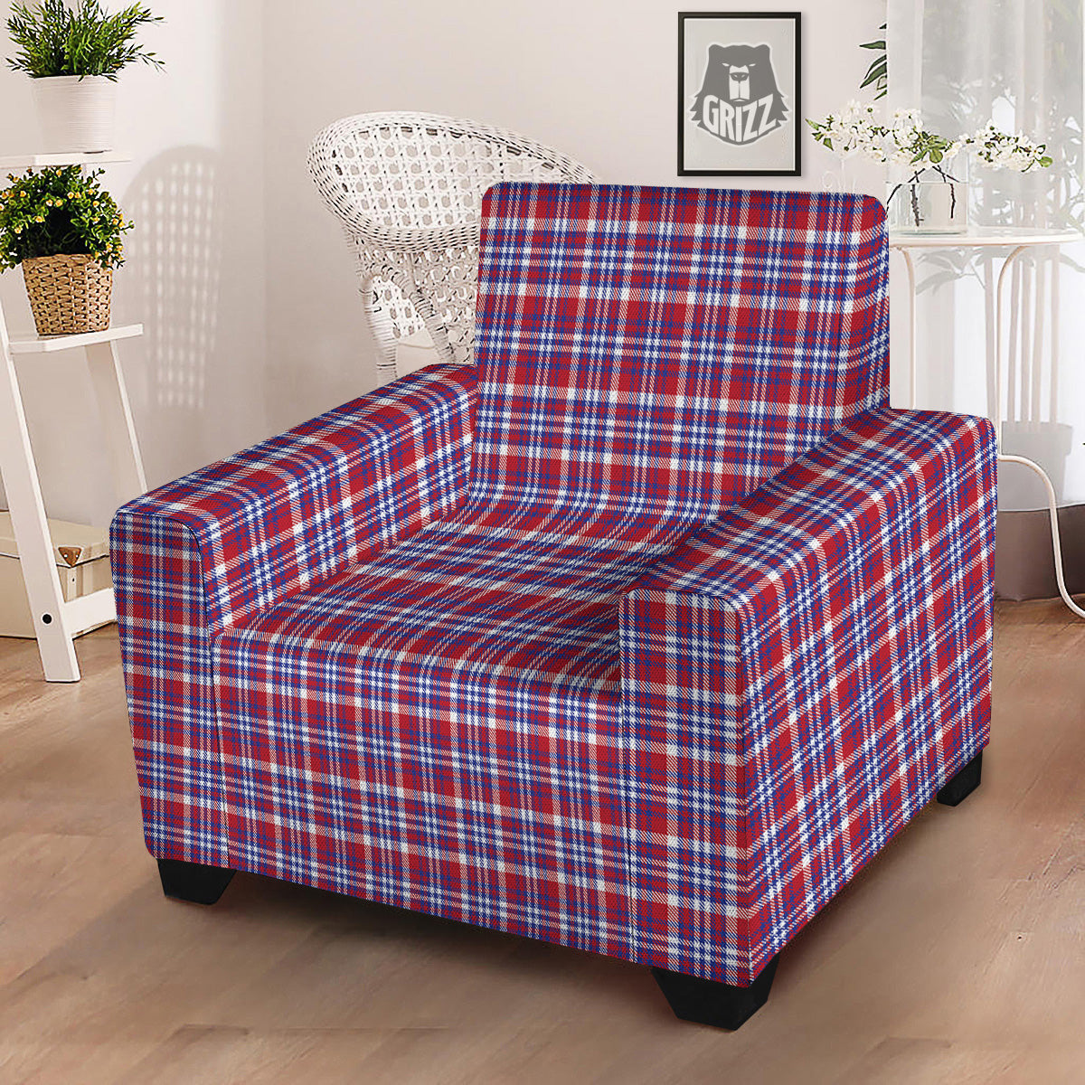 White USA Plaid And Blue Red Print Armchair Slipcover-grizzshop