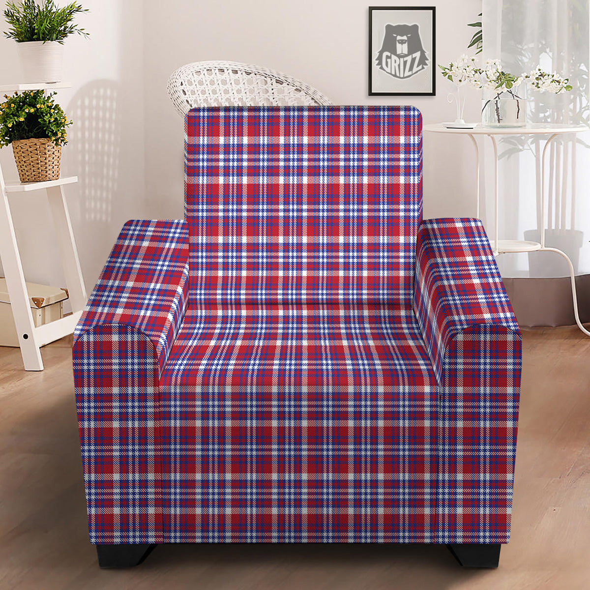 White USA Plaid And Blue Red Print Armchair Slipcover-grizzshop