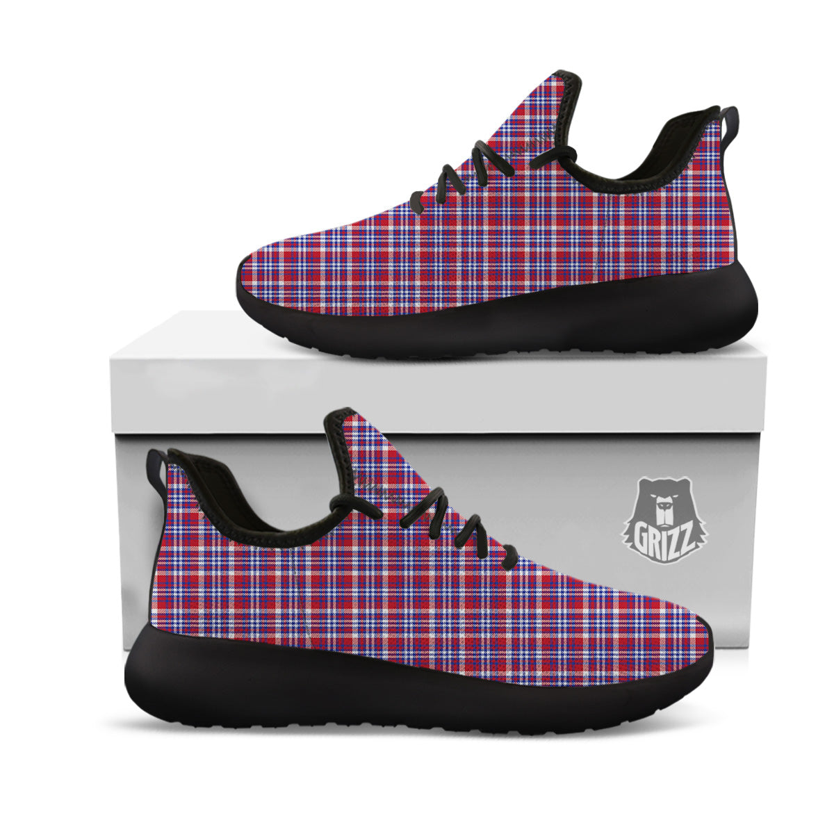 White USA Plaid And Blue Red Print Black Athletic Shoes-grizzshop