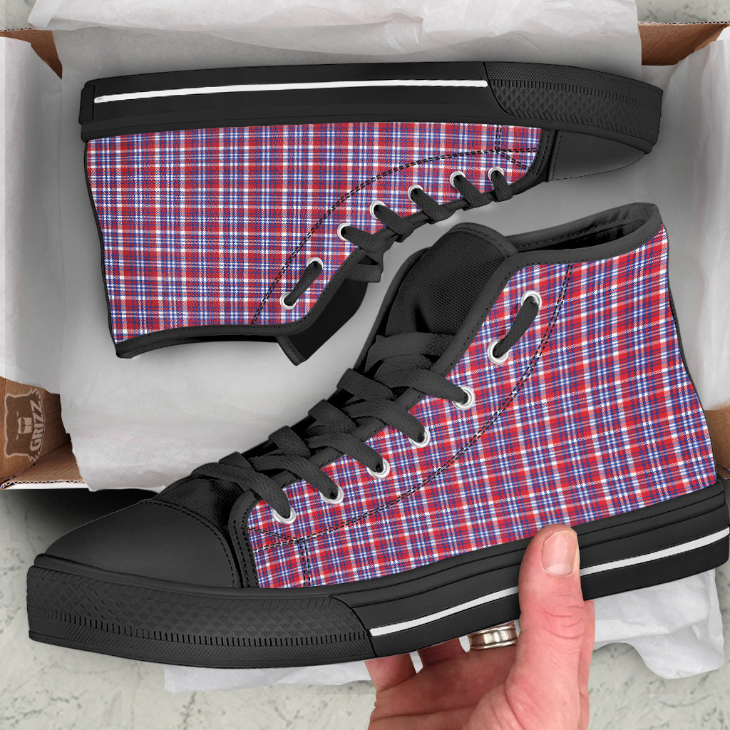 White USA Plaid And Blue Red Print Black High Top Shoes-grizzshop