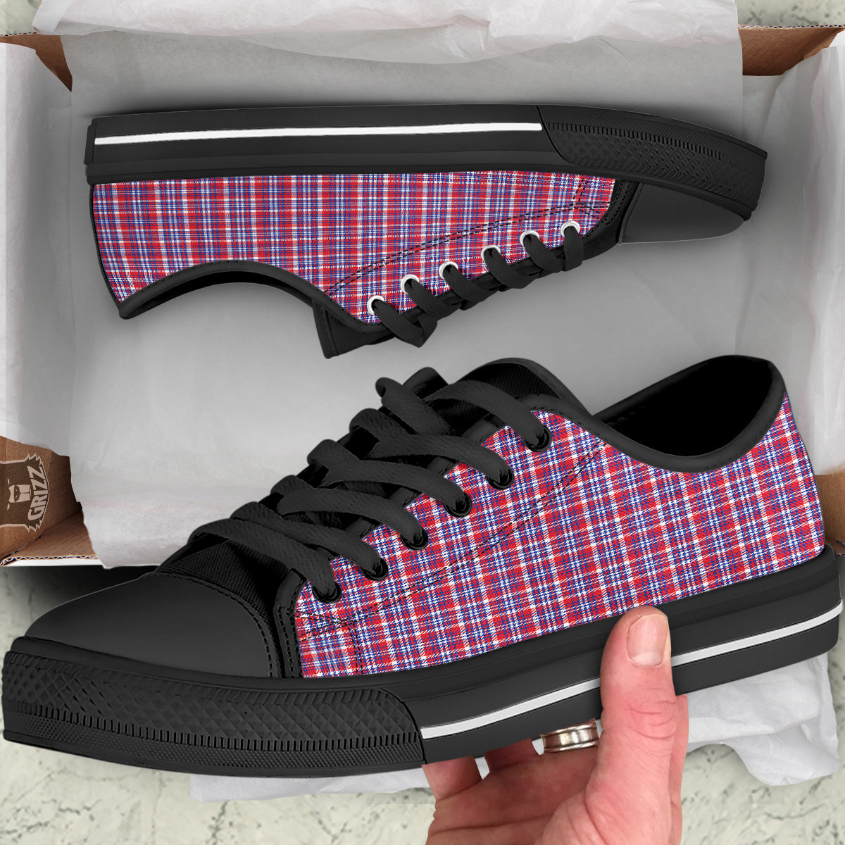 White USA Plaid And Blue Red Print Black Low Top Shoes-grizzshop