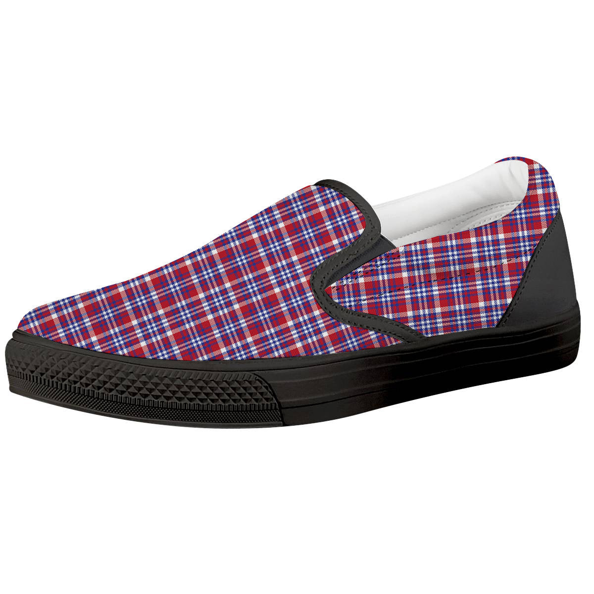 White USA Plaid And Blue Red Print Black Slip On Shoes-grizzshop