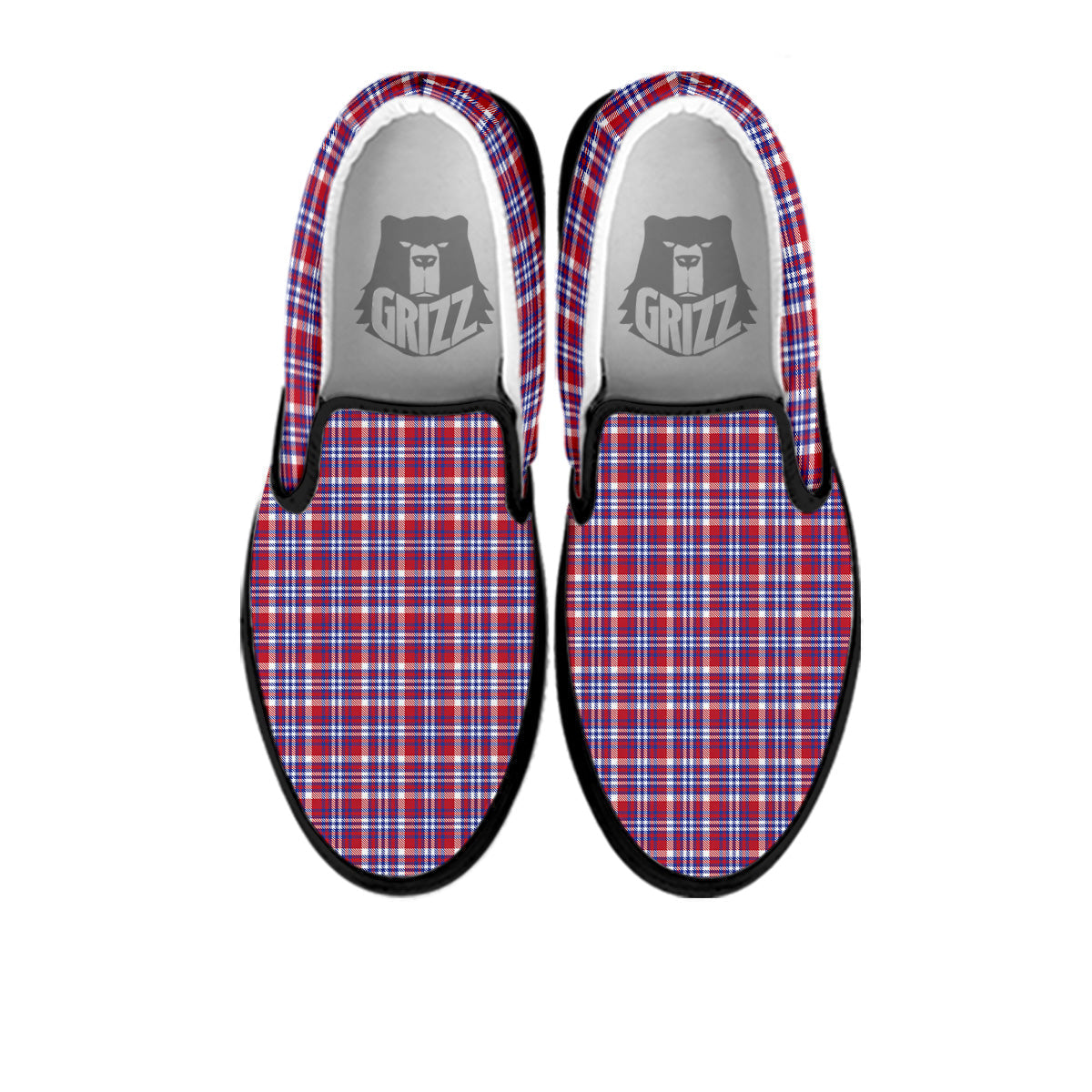 White USA Plaid And Blue Red Print Black Slip On Shoes-grizzshop