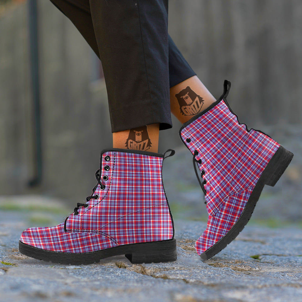 White USA Plaid And Blue Red Print Leather Boots-grizzshop