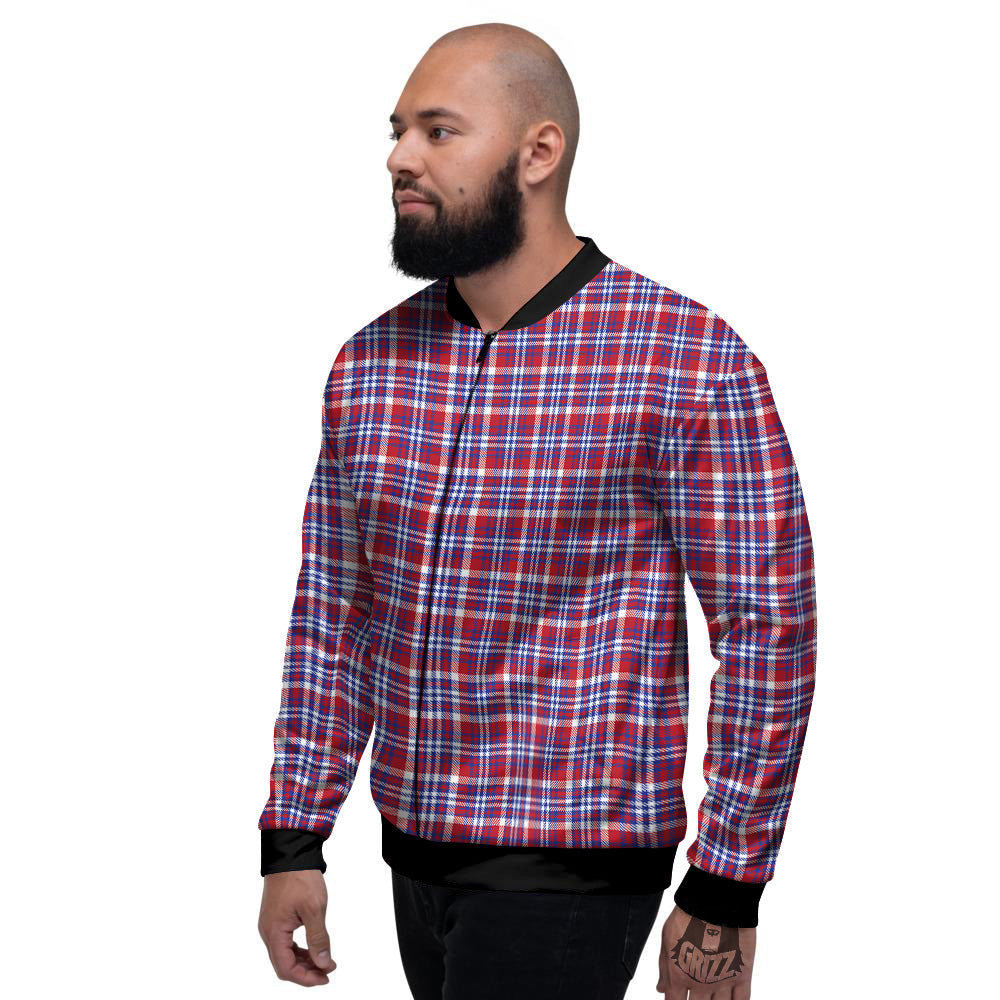 White USA Plaid And Blue Red Print Men's Bomber Jacket-grizzshop